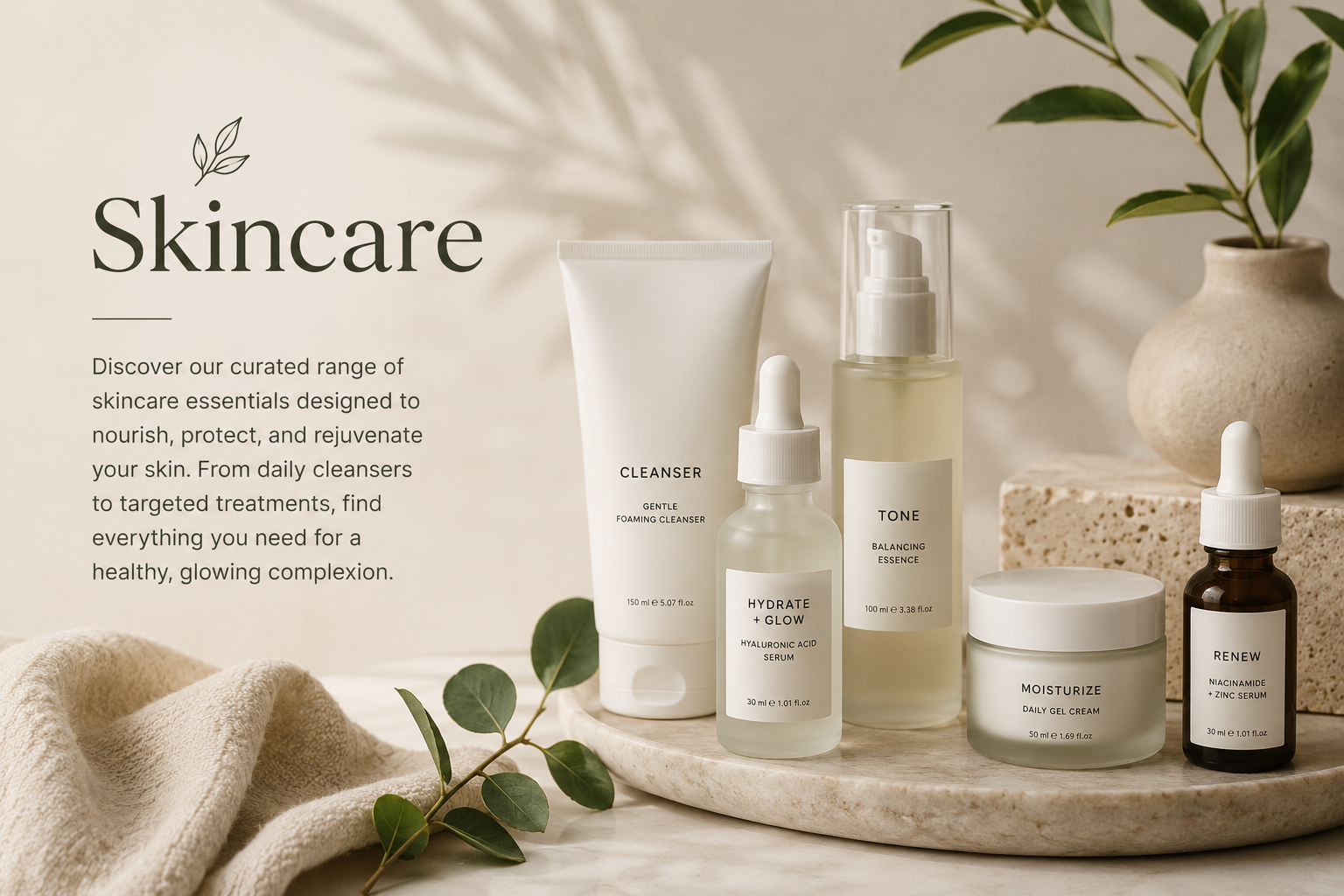 Discover our curated range of skincare essentials designed to nourish, protect, and rejuvenate your skin. From daily cleansers to targeted treatments, find everything you need for a healthy, glowing complexion.