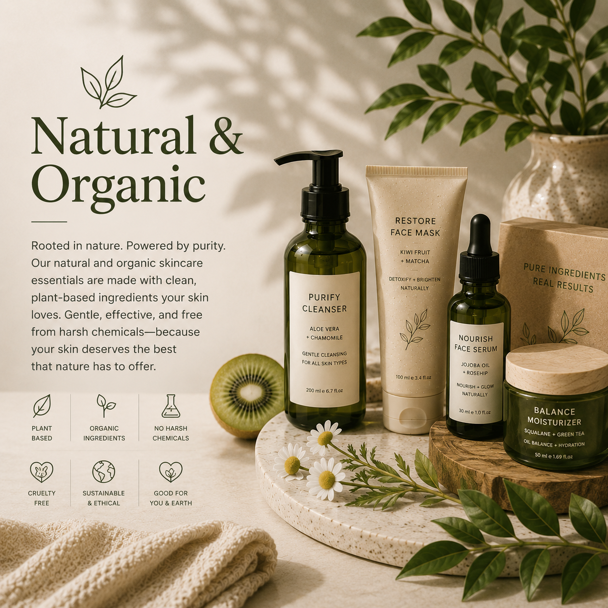 Embrace the power of nature with our clean beauty collection. Every product is crafted with natural, organic ingredients — free from harsh chemicals, parabens, and synthetic fragrances — so you can feel good about what you put on your skin.